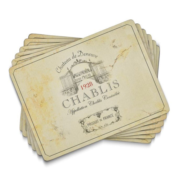 Set of 6 Vin de France placemats with Chablis vineyard design, cork-backed, heat and stain resistant by Pimpernel - Keans