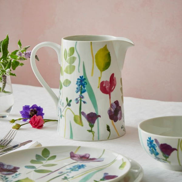 Porcelain Water Garden jug with pastel floral design, large handle, curved spout, 3pt capacity by Portmeirion – Keans