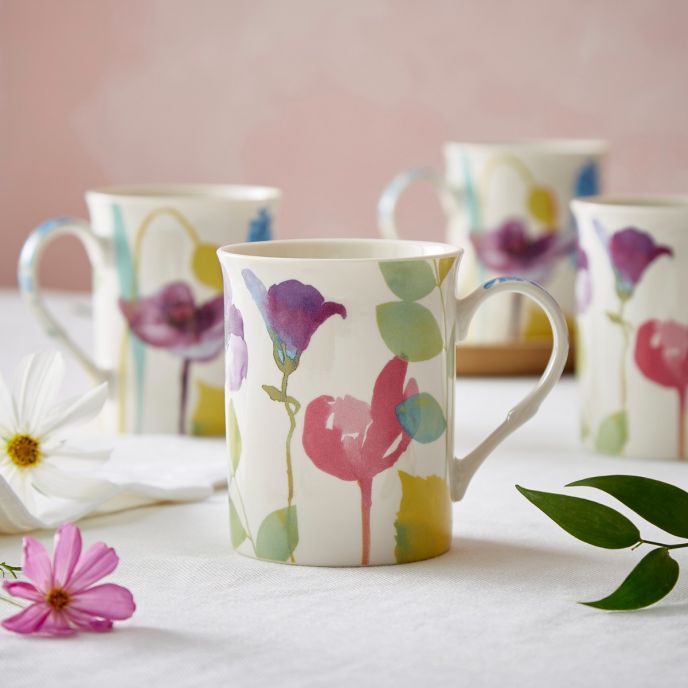 Set of 4 Portmeirion Water Garden 12oz porcelain mugs with colorful floral design, dishwasher safe – Keans Claremorris