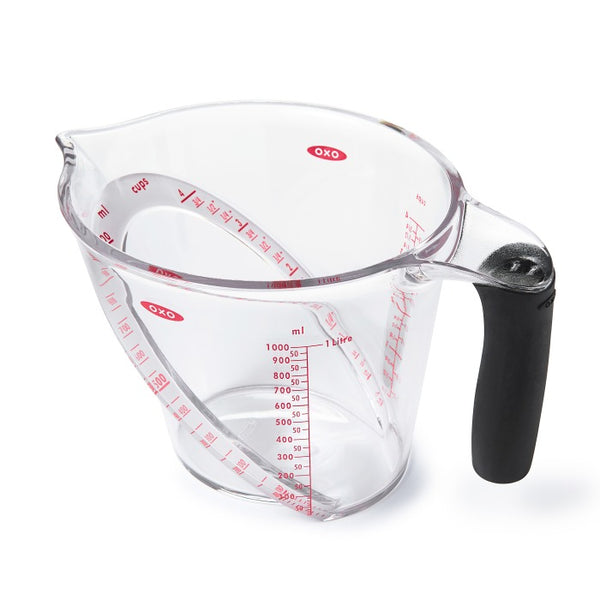Oxo 1L Angled Measuring Jug with easy-read top markings, non-slip handle, dishwasher safe, available at Keans Claremorris.