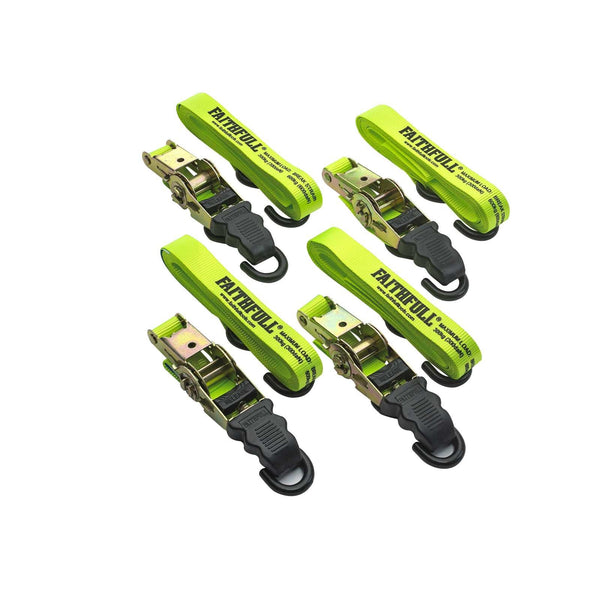 Faithfull 4-piece ratchet tie down set with heavy-duty Terylene webbing, quick-release ratchet, S-hooks, from Kean’s